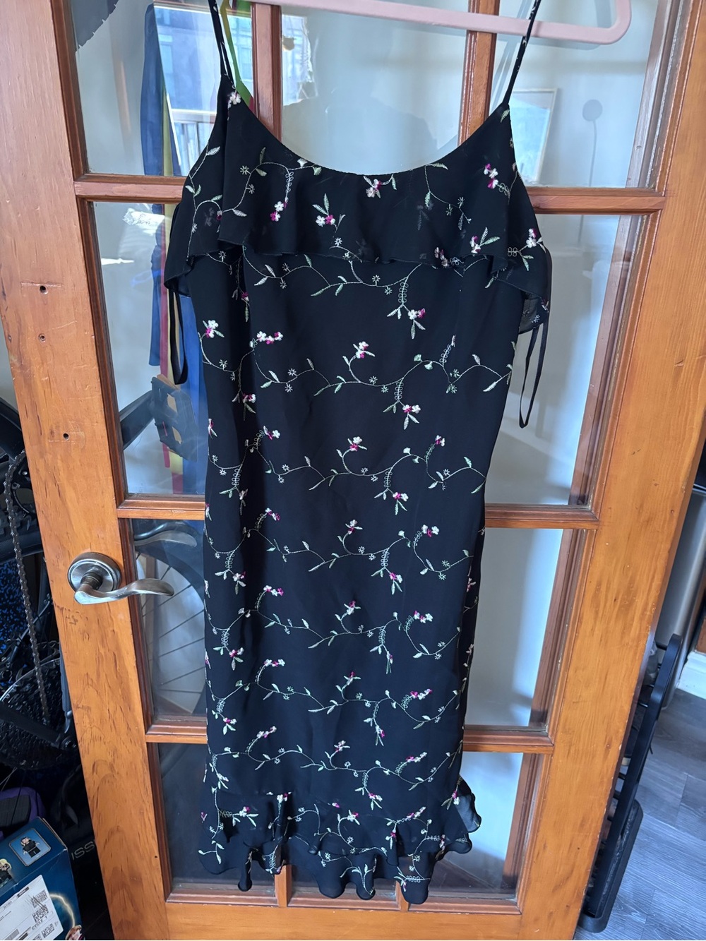 Vintage Black Ruffle Midi dress with Embroidered flowers